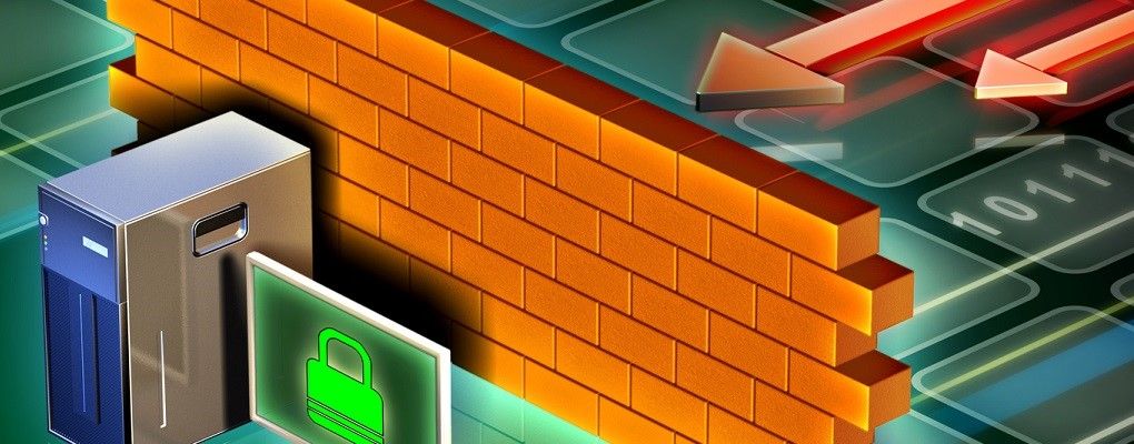 Graphic of firewall protecting computer represented by brick wall